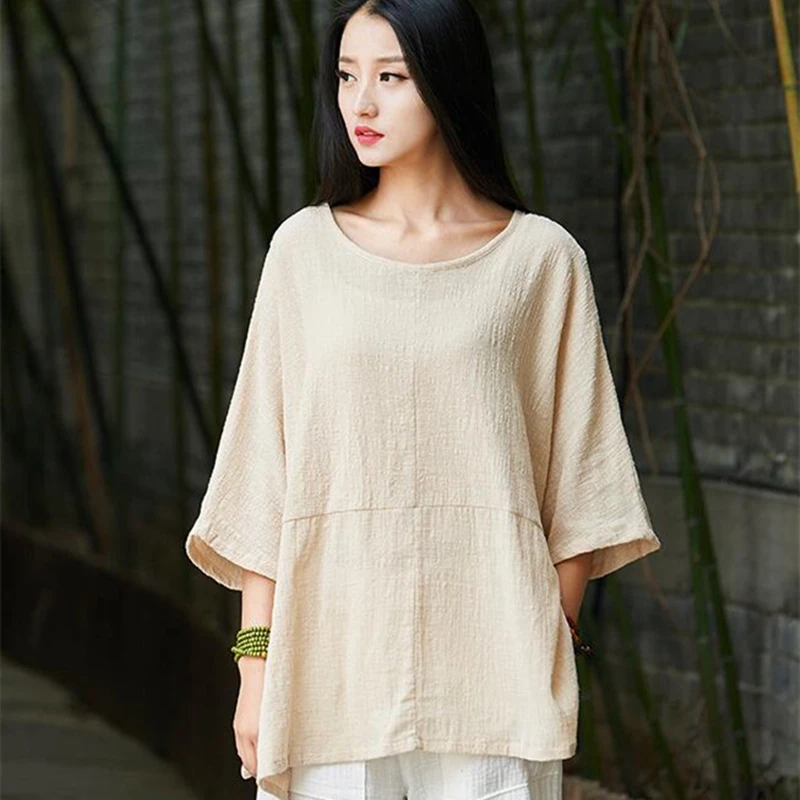 

Johnature Women Cotton Linen T-Shirts 2019 New Summer Half Sleeve O-Neck 4 Color Plus Size Women Clothes Tops Vintage T-Shirts