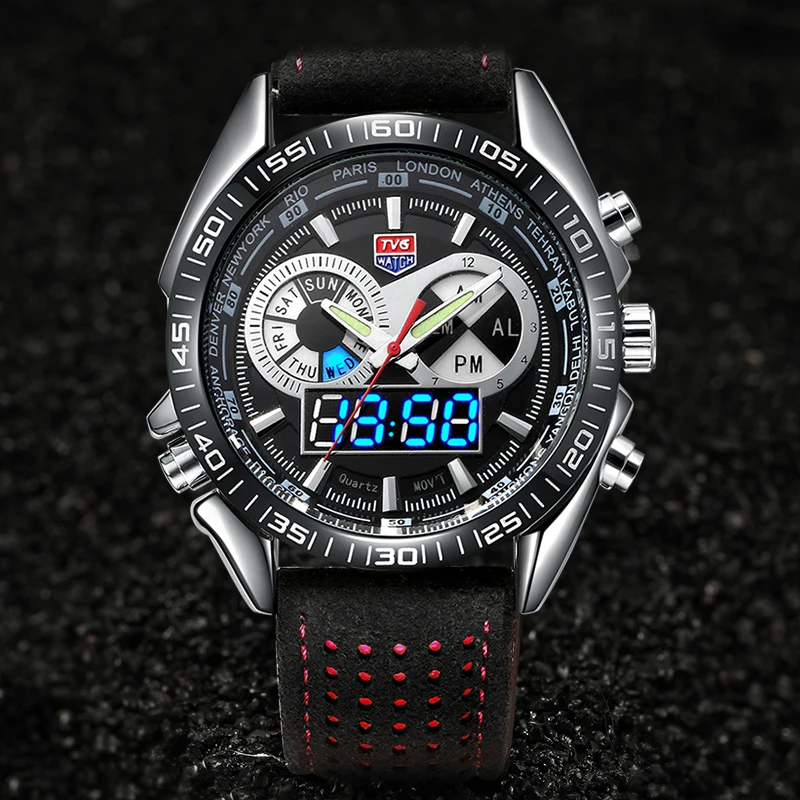

TVG Led Sport Men Watch Leather Bracelet Luminous Hands Man Watches Fashion Auto Date Wristwatches Relogio Masculino Digital