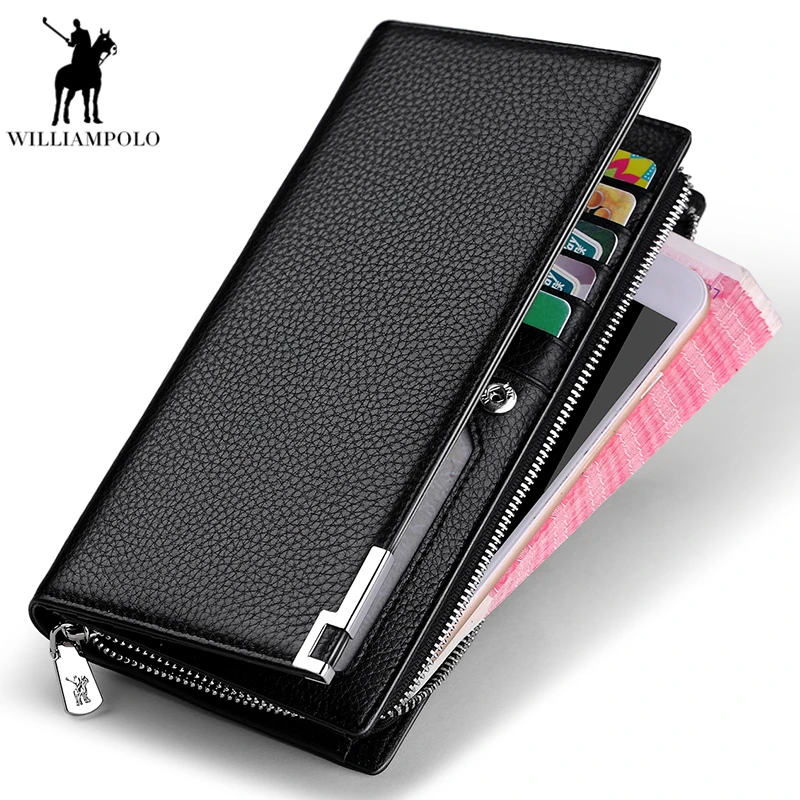 

WILLIAMPOLO Long Genuine Leather Wallet Men Business Zipper Clutch Wallet Card Holder Cowhide Luxury Designer Male Purse Bifold