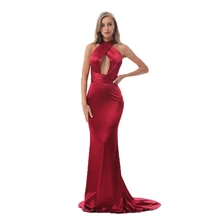 Sexy Backless Satin Bodycon Party Dress Halter Floor Length Maxi Dress Sleeveless V Neck Long Dress