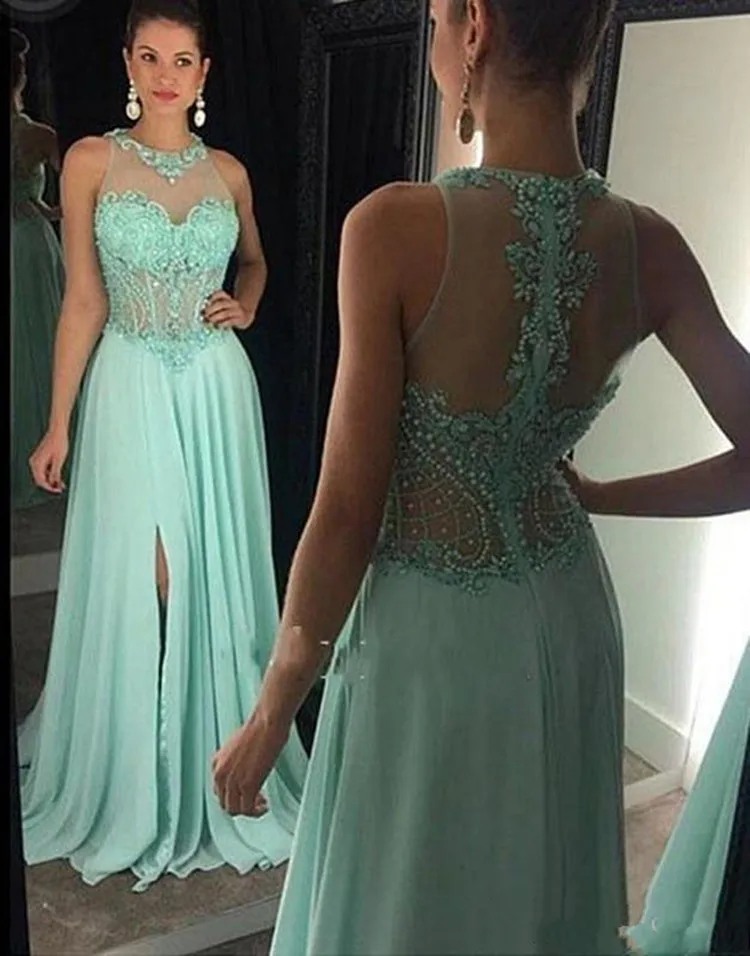 

Mint Green Plus Size Chiffon Prom Dress with Lace Appliques Beading Illusion Back with Zipper Front Spilt Long Frmal Wears
