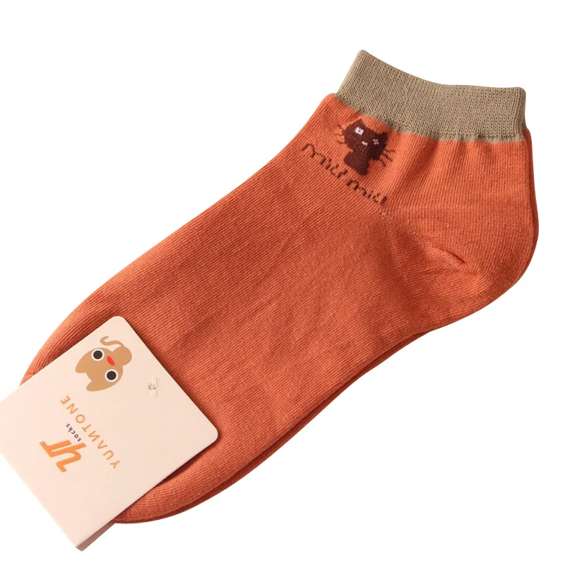 Хлопковые носки лодочкой для женщин с милым узоров в виде мультяшного кота, для весны и лета, модные, носки по щиколотку для женщин, короткие носки, 5 пар/набор - Цвет: orange