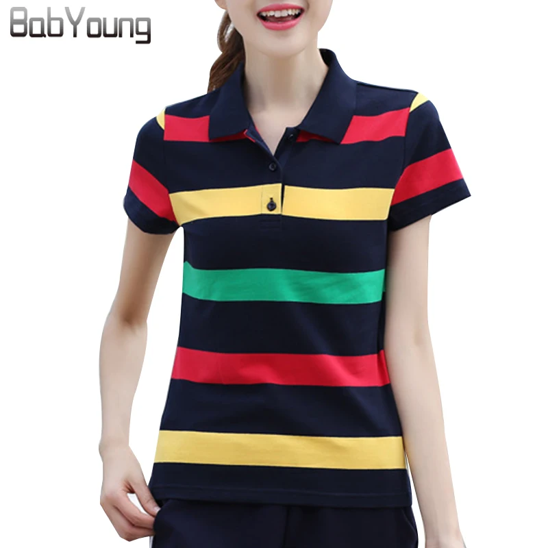 BabYoung 2017 Mulheres Verão Camisas Polo Plus Size 6XL Algodão tarja de Cor Hit de manga Curta Encabeça Fino Respirável Camiseta Femme