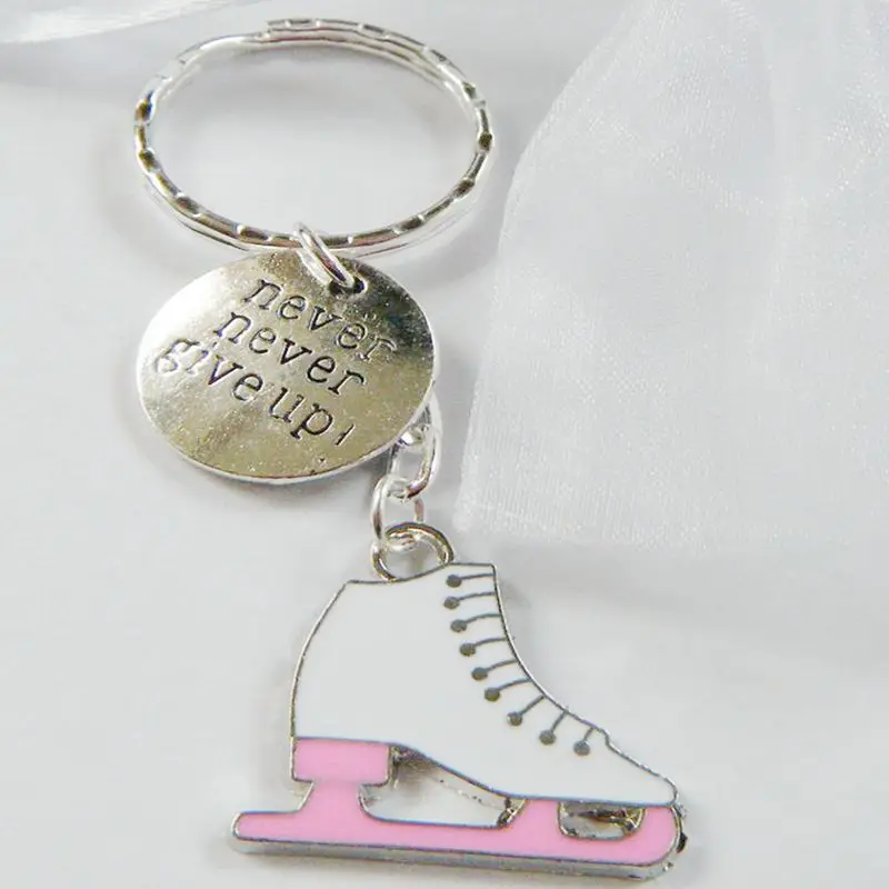 

Never Never Give Up Ice Skater Skate Keychain Vintage Silver Figure Skating Key Chains Ring Keys Car Bag Key Ring Handbag Gift
