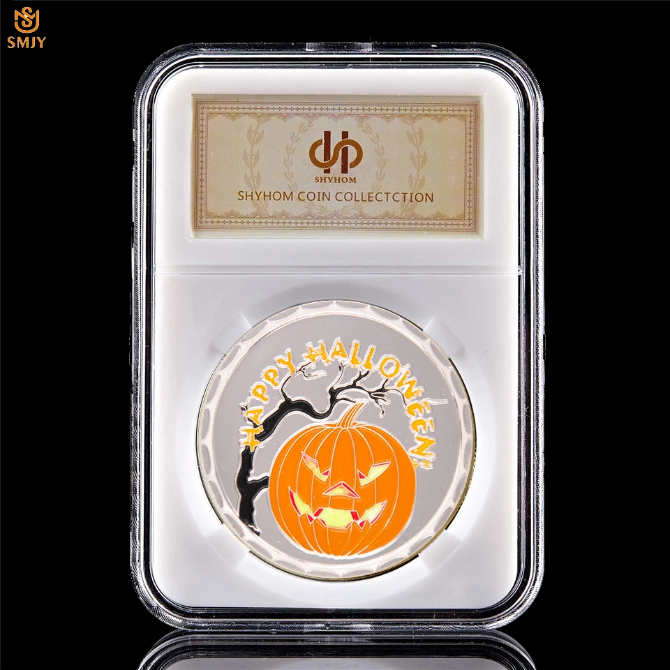 

2019 Halloween Souvenir Coin Silver Plated Witch Pumpkin Grimace Happy Halloween Challenge Token Coin Collection W/PCCB Holder