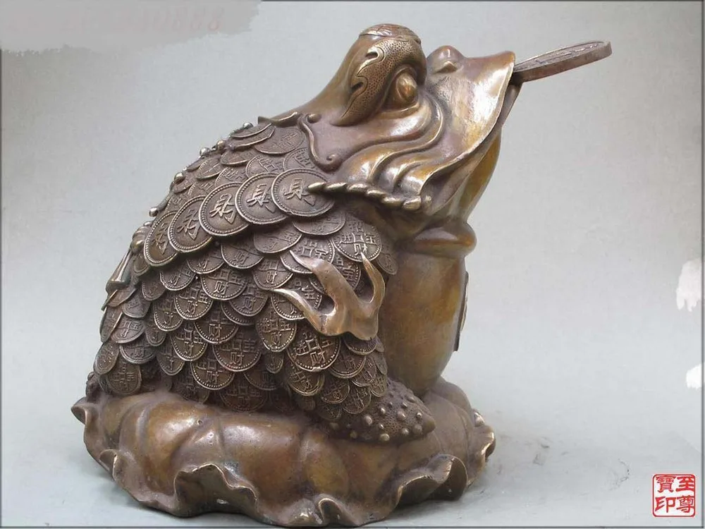 

Fengshui Bronze Chinese Lotus Leaf Frog jin chan coin Toad wealth Statue