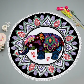 

Diameter 150cm Park Seaside Picnic Mat Home Tablecloth Cartoon Elephant Printed Beach Towel Lady Shawls Tassel Round Bath Towel