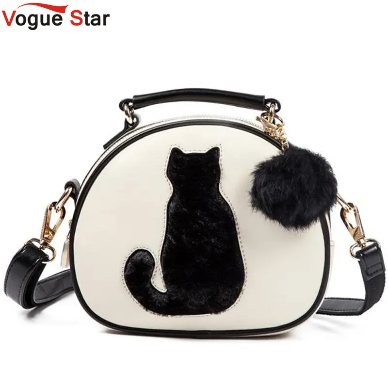 

Vogue Star Cartoon Women Leather Handbag Cat Pattern Fur Ball Design Tote Women Bag Bolsa Circular Women Messenger Bags