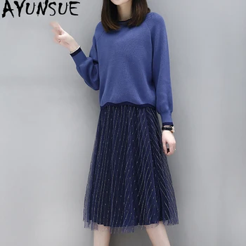 

AYUNSUE 2020 Spring 2 Piece Set Women Sweater Mesh Skirt Set Plus Size Women Two Piece Outfits Korean Conjuntos De Mujer KJ2021