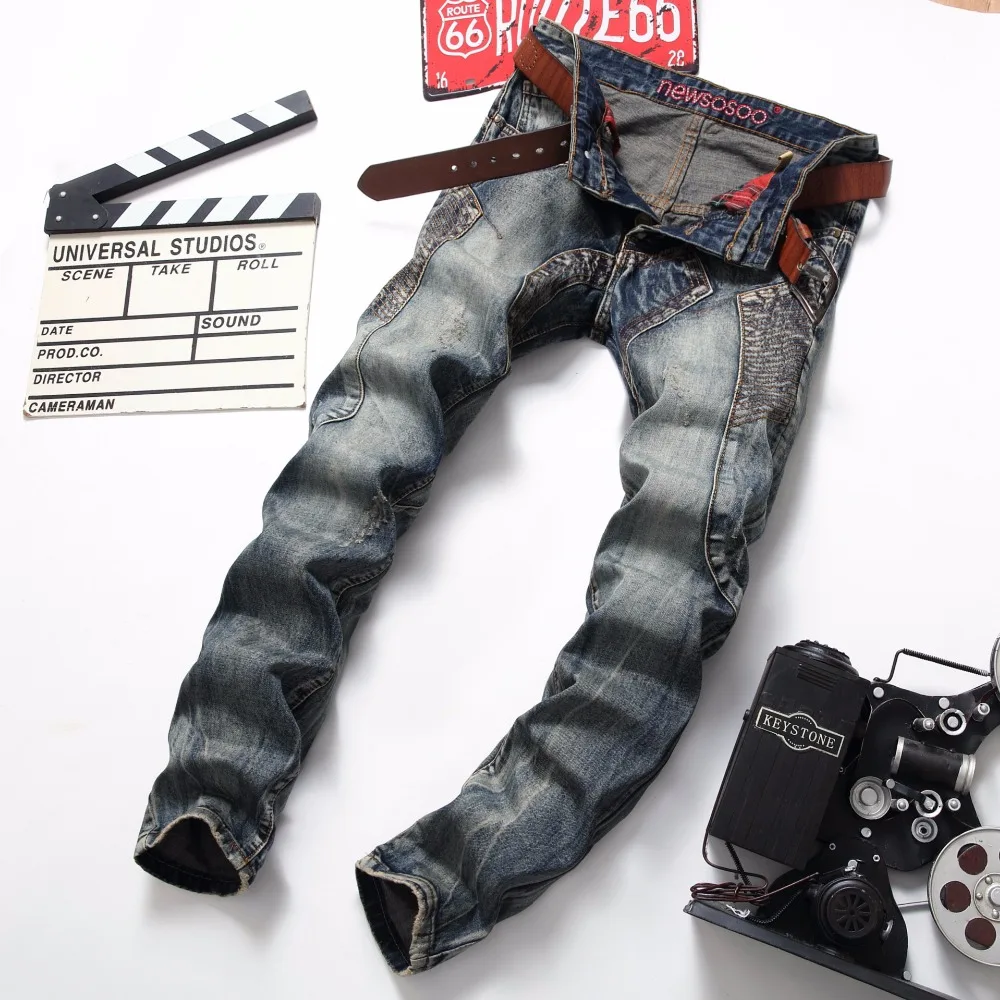 Newsosoo Retro Men Jeans Classic Biker Motorcycle Jeans Slim Hip Hop Ripped Denim Hip Hop Moto 