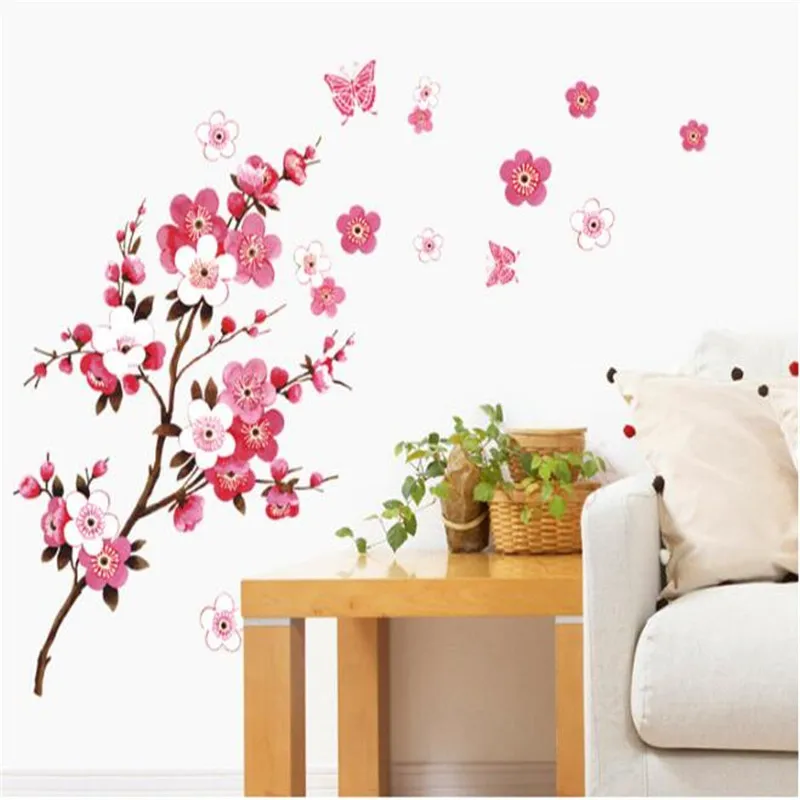 

1PCS Pink Peach Blossom Flower Butterfly Wall Stickers Vinyl For Living Room Bedroom Decoration DIY Wall Decals Home Decor