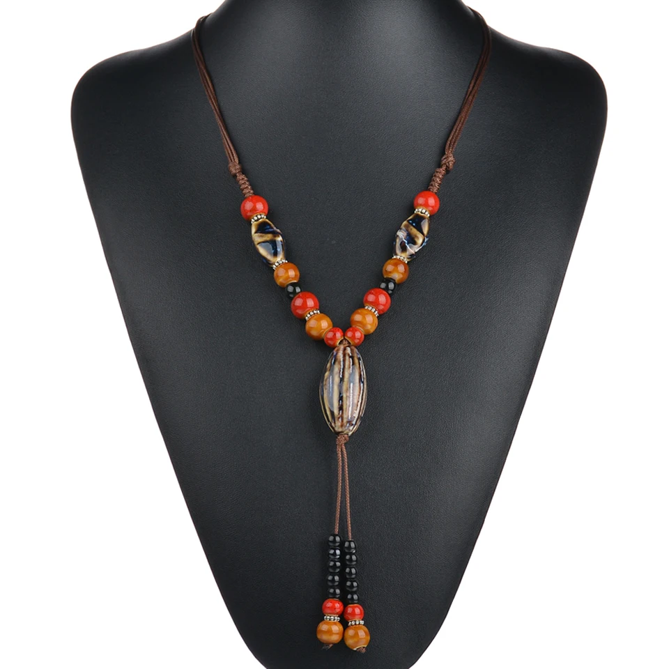 

New 12 Color Bohemia Ceramic Pendant Necklace Women Jewelry Rope Chain Stone Wood Beads Hand-Weaving Necklaces For Women's Gifts