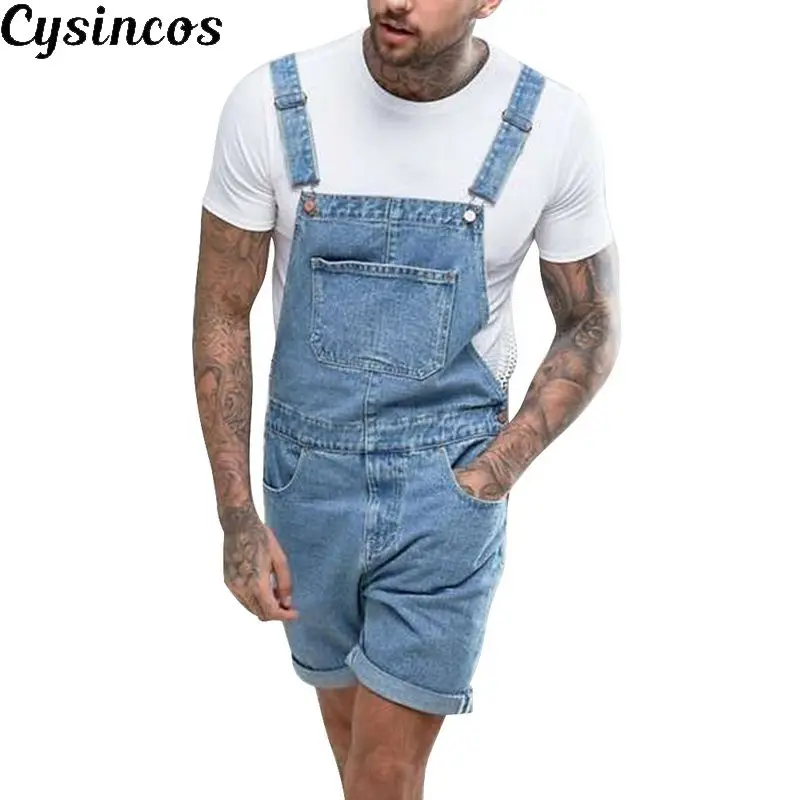 

CYSINCOS 2019 Mens Denim Overall Shorts Overalls Casual Workout Button Jumpsuit Plus Size 3xl Male Ripped Washed Shorts