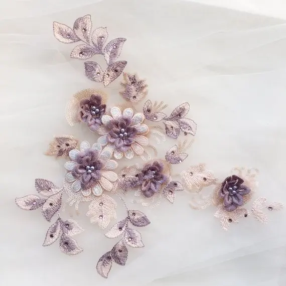 

dark purple heavy beaded 3D lace applique, Light purple beaded embroidered lace patches lace flowers