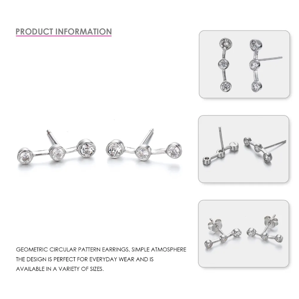 Fashion Stud Earrings Real Pure 925 Sterling Silver Earring For Women Luxury Three Cubic Zirconia Pierced Earring Fashion