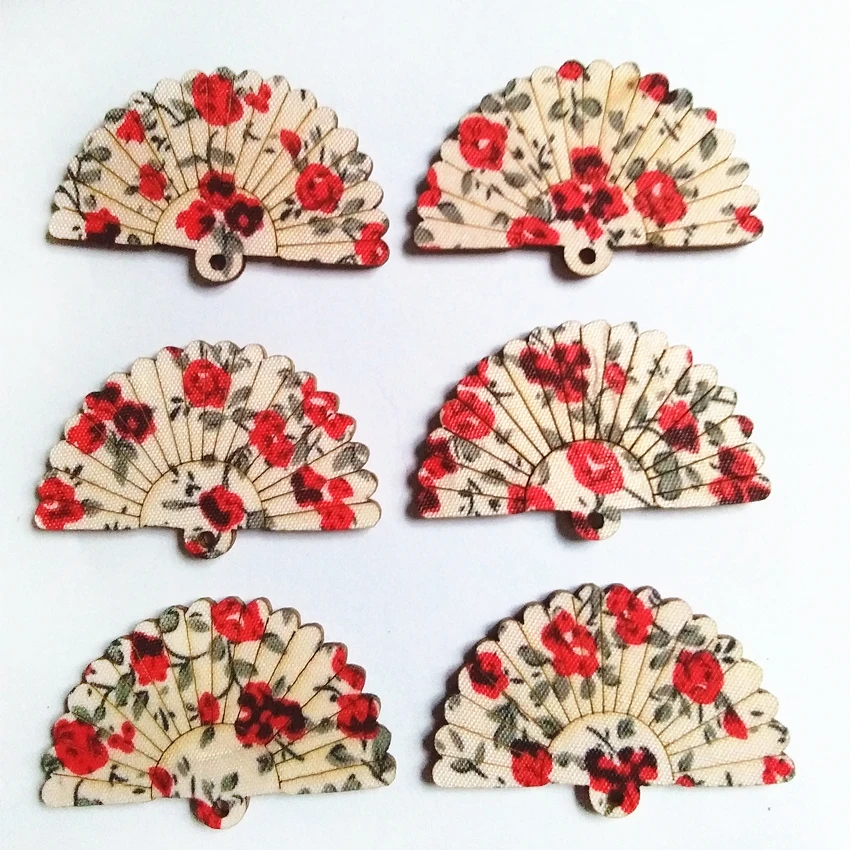 

100pcs/lot Paste Cloth Wooden Fan Both Side Printing Wood Pendant For Key Chains Necklace for Toy For Earring DIY Accessories