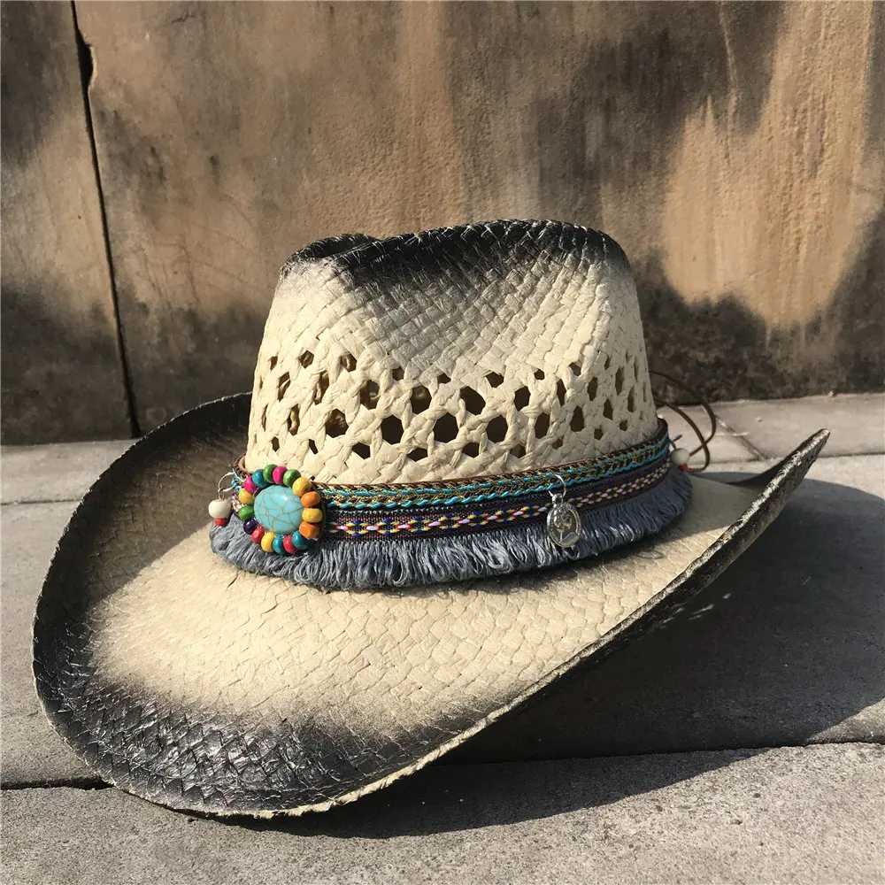 Handmade Weave Straw Women Men Hollow Western Cowboy Hat Lady Dad Sombrero Hombre Cowgirl Jazz Caps Bull Head Band Size 56-58CM