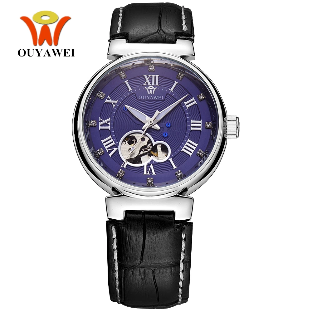 

Top Brand OYW Luxury Silver Blue Watch Men Male Automatic Self Wind Watch Leather Band Fashion Man Wristwatch Waterproof Relogio