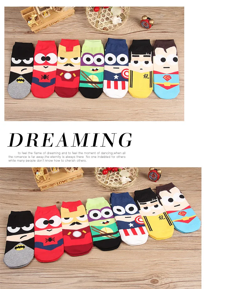 Marvel Iron Man Captain America cartoon socks Spiderman Batman funny personalized men's spring summer comfort cotton ankle sock