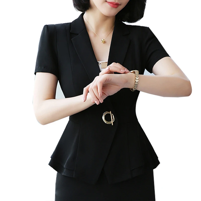 

2019 Summer Short Sleeve Single Button Blazer Suit Womens Coat Short Back Bow Blazers Flower Appliques Formal Office Lady Tops