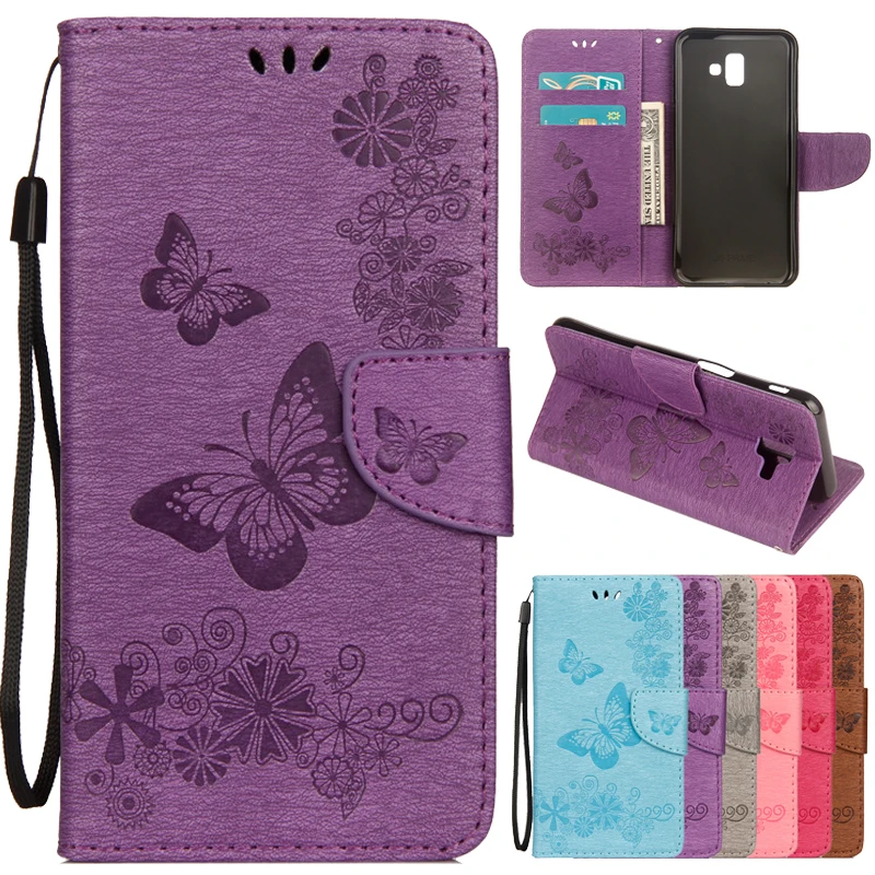 

Case on For Fundas Samsung Galaxy J6 Plus Case for Coque Samsung Galaxy J6 Prime J6Plus 2018 Cover Butterfly Leather Phone Cases