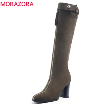 

MORAZORA 2020 newest knee high boots women flock autumn winter boots fashion zipper high heels boots comfortable dress shoes