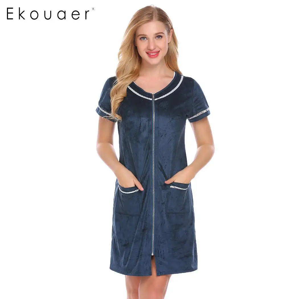 

Ekouaer Nighties Sleepwear Women Short Zipper Robe O-Neck Short Sleeve Bathrobes Nightwear Bath Robe Femme Home Clothes