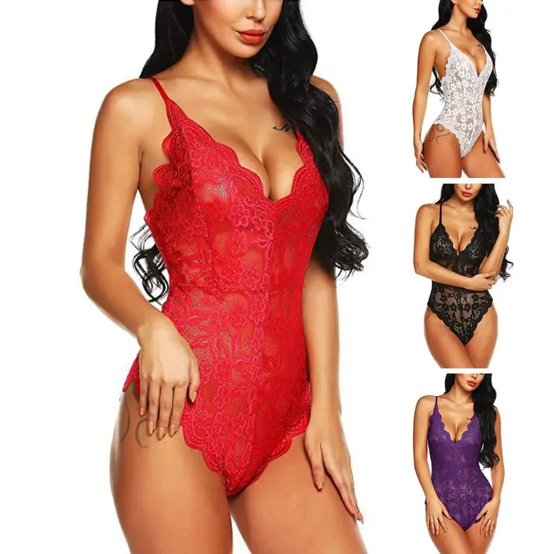 

Womens Sexy Sheer Crochet Full Floral Lace Lingerie Bodysuit Deep V-Neck Scalloped Trim Solid Color Rompers Cross Bandage Backle