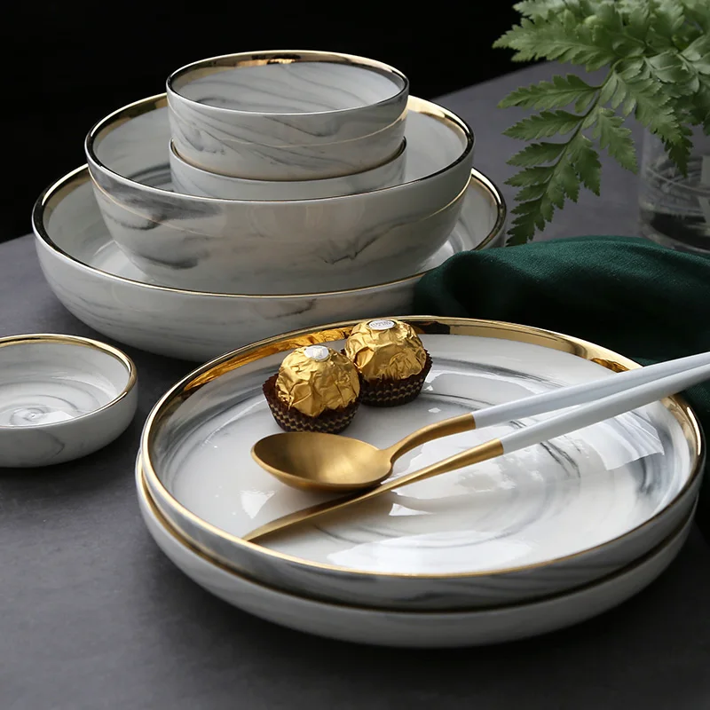 

NIMITIME European Style Golden Ceramic Bowl Soup Bowl Deep Plate Home Plate