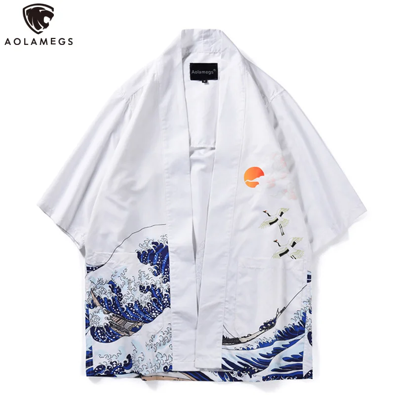 

Aolamegs Men Shirt Kimono Spray Ukiyo-e Print Mens Shirt Harajuku Open Stitch Casual Japanese Streetwear Summer Loose Outwear