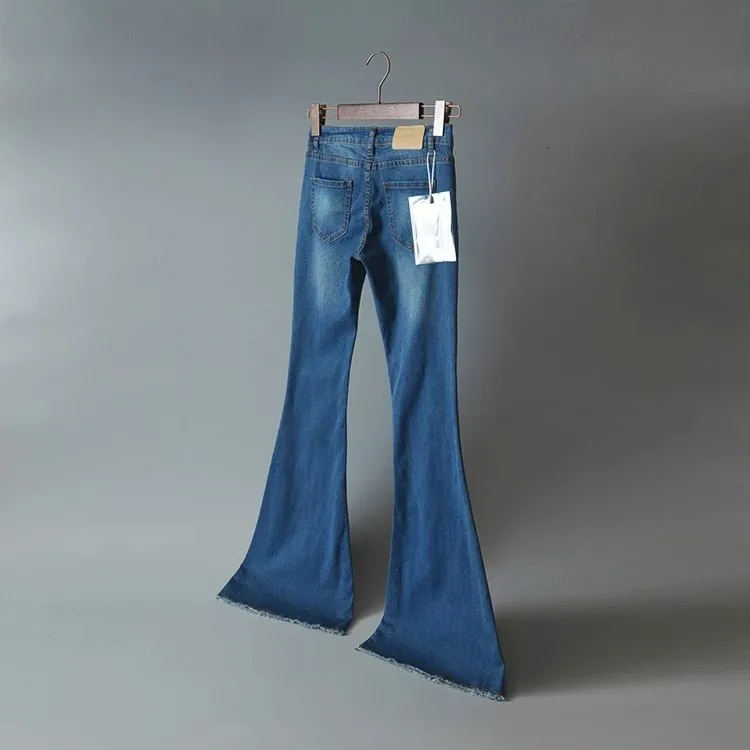 Calças de Brim para Mulheres 2020 do Vintage de Cintura Baixa Incendiar Elásticas Estilo Retro Fundo Sino Magro Calça Jeans Feminina Azul Escuro Denim Perna Larga Calças 17 Elásticas calças de Brim Das Mulheres Estilo