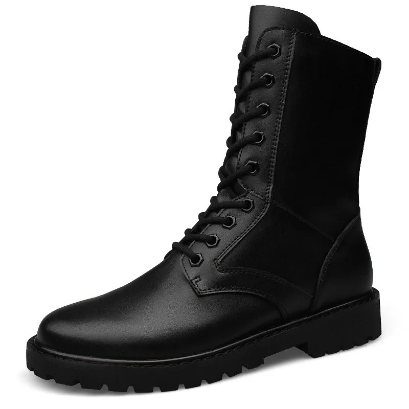 Мужские ботинки из натуральной кожи; зимняя обувь; мужские армейские ботинки; мужские ботинки; меховая плюшевая обувь; Теплая Повседневная обувь; зимние ботинки на плоской подошве; большие размеры - Цвет: black without plush
