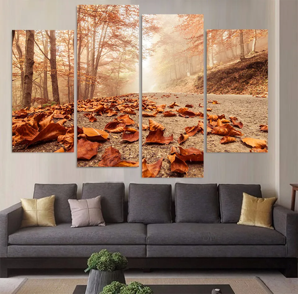 Home Decoration Framework Modular Modern Wall Art Photo 4 Panel Painting Misty Road Autumn 