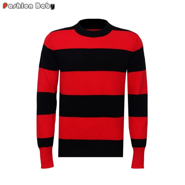 Quality Men's Classic Black Red Striped Sweater Autumn Winter Brand