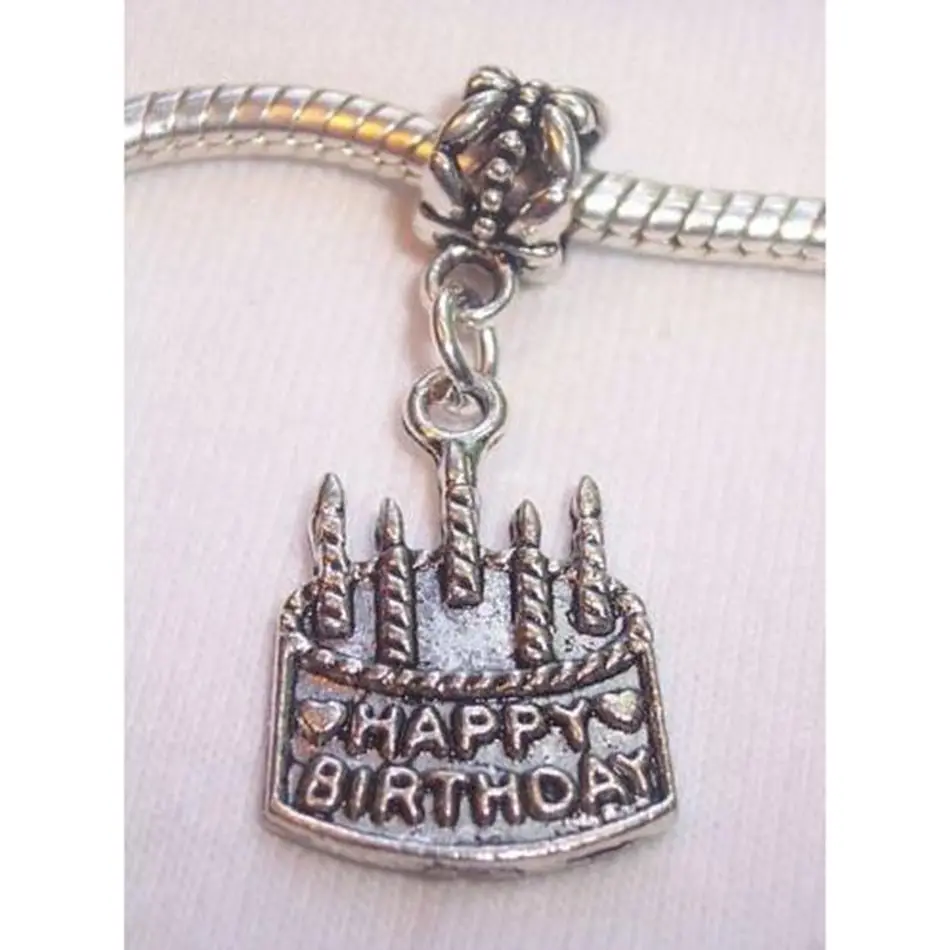 

200pcs Ancient silver Happy Birthday Cake Gift Pendant Bead for European Style Charm Bracelets 34 mm x 15 mm A12306