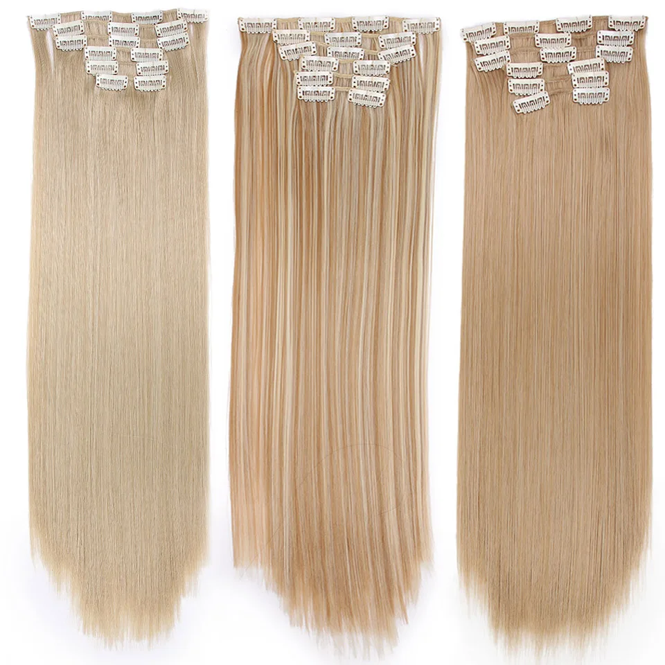 

Long Blond hair Synthetic Clips in Hair Extensions Straight 22" 140g 16 Clips False Hair pieces Brow Black White Color