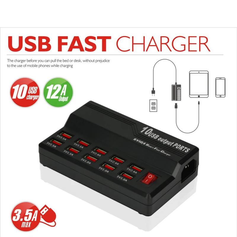 60 Вт 10 портов быстрое зарядное устройство USB адаптер питания настенное дорожное