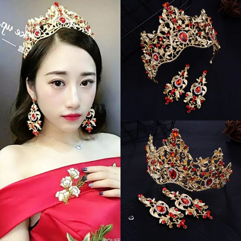 

Baroque Magnificent Red Green Crystal Bridal Tiaras Crown Earrings Set Rhinestone Pageant Diadem Bride Wedding Hair Accessories