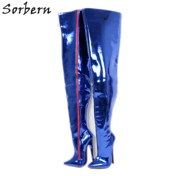 

Sorbern Custom Metallic Blue Crotch Thigh High Women Boots 18Cm Spike High Heels Pointed Toe Red Zipper Pointed Toe Boot Unisex