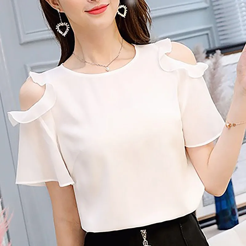 

2019 New Shirt Women O Neck Solid Ruffled Short Sleeve Cold Shoulder Chiffon Blouse Summer Office Lady Tops