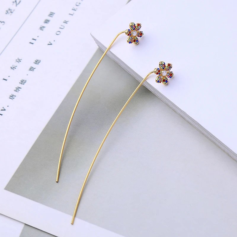 

Elegant Crystal Flower Long Earrings For Women Wedding Fashion Jewelry Gold Color Charm Earrings Accessories Handmade In Box