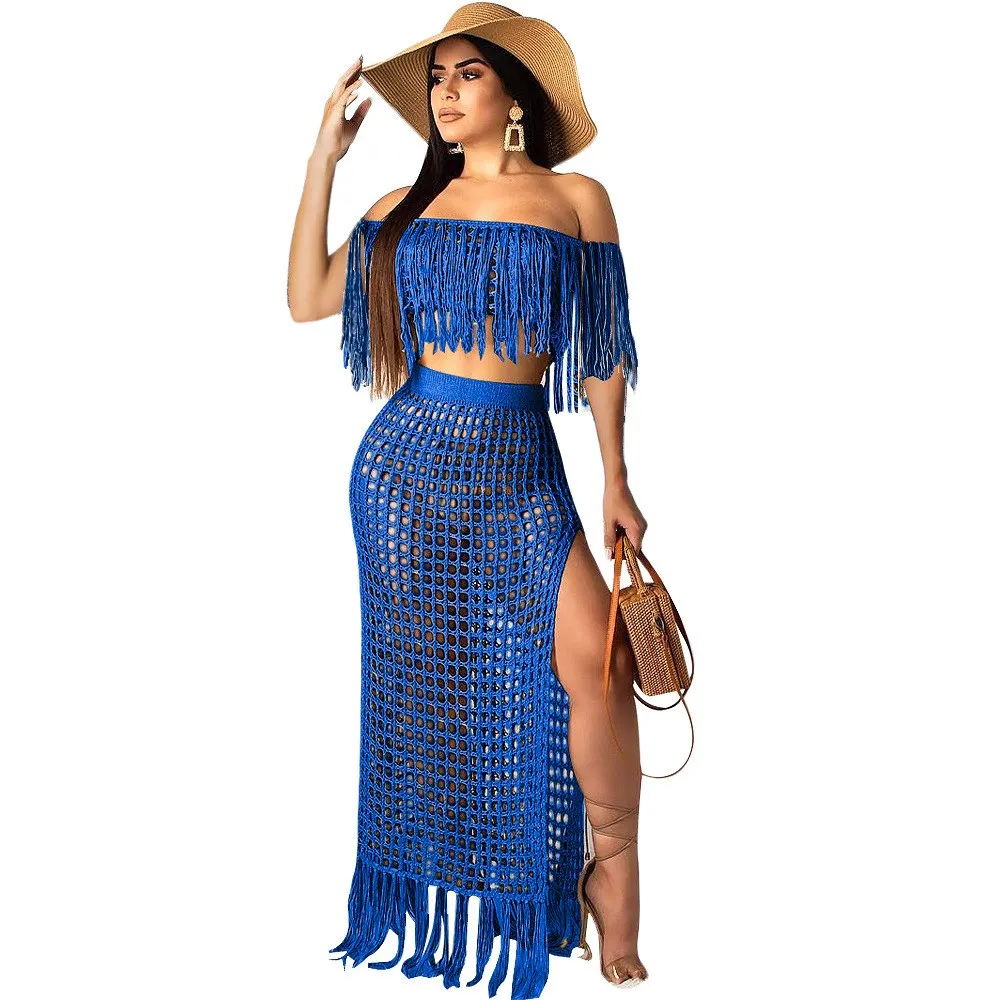 Slash Neck Knit 2 Piece Set Women Tassels Two Crop Top and Skirt Crochet Beach Wear Sexy Summer Outfit | Женская одежда