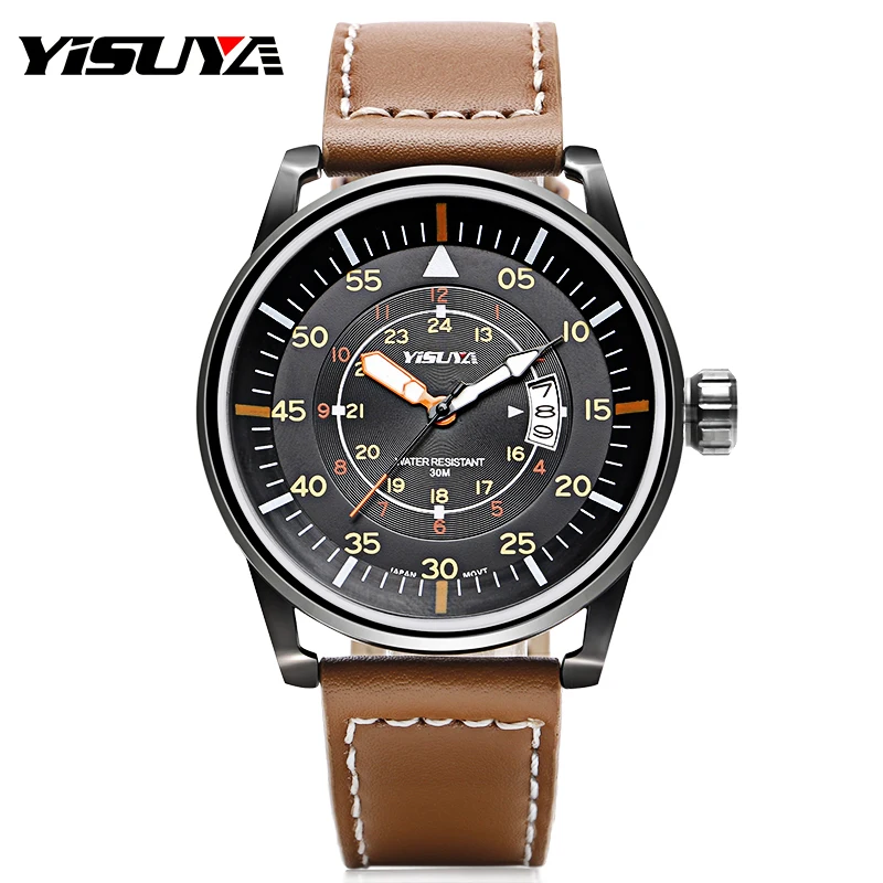 

YISUYA Mens Watches Calender 3ATM Water Resistant Analog Japan Quartz Movement Wristwatches Genuine Leather Band Birthday Gift