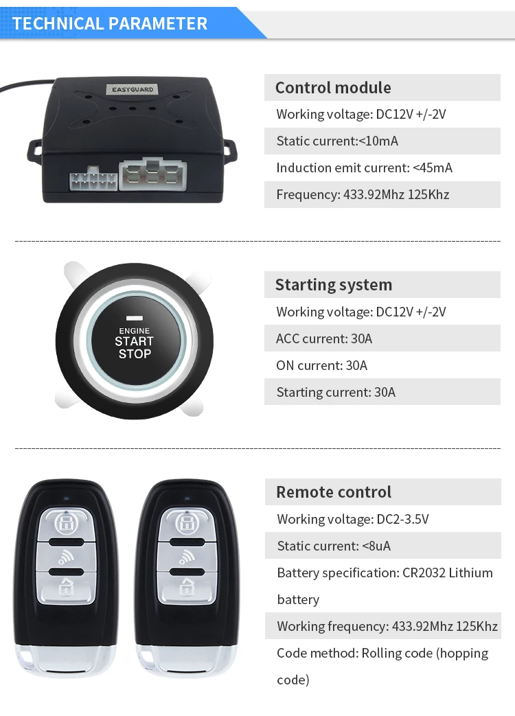 Качественная EASYGUARD, универсальная система автосигнализации pke, Пассивный бесключевой вход и кнопка запуска/остановки дистанционного запуска двигателя dc12V