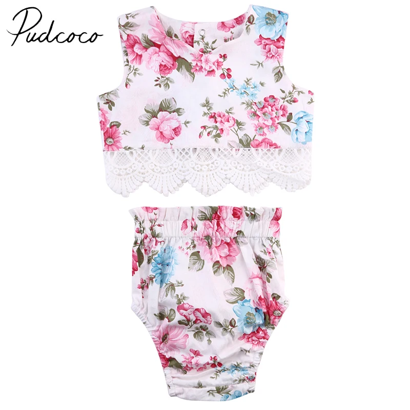 PUDCOCO Brand Cotton Kids Baby Girl Clothes Lace Flower Crop Tops