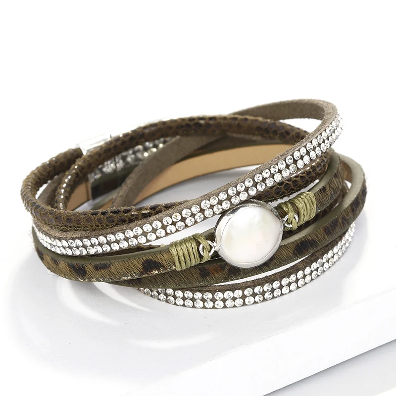 

ALLYES Leather Bracelets For Women 2019 Green Leopard Crystal Shell Pearl Double Wrap Multilayer Bracelet Femme Party Jewelry