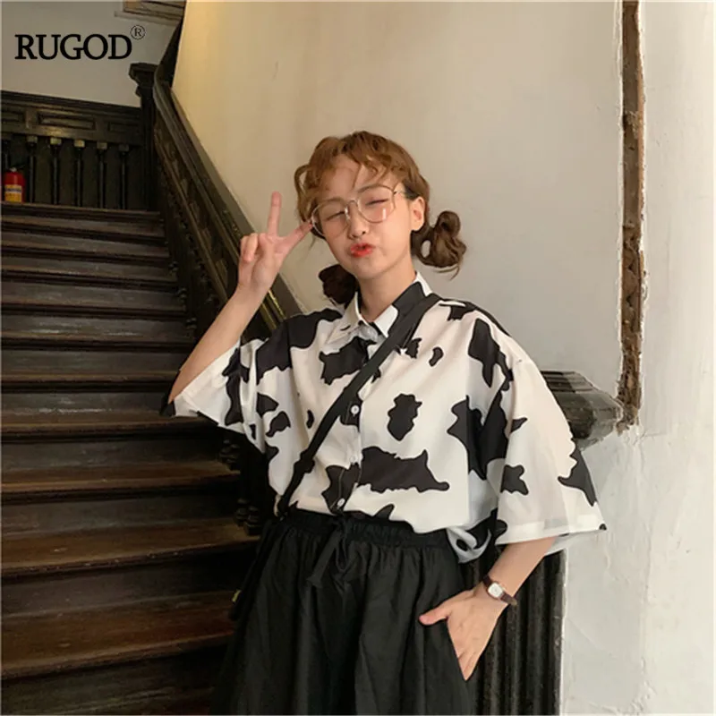 

RUGOD2019 spring summer turn-down dot single breasted blouse contrast color short sleeve loose korea casual lady