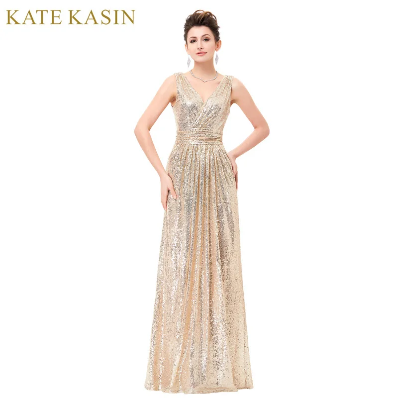 Luxury Gold Silver Long Sequin Evening Dress Pink Double V Neck Cheap Evening Gowns Sleeveless Prom