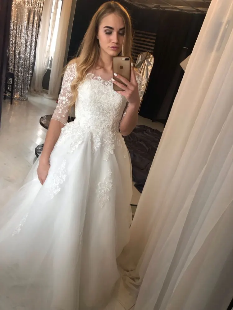 Fashion Simple 100 CM Long Train Vestido De Noiva 2020 New style Three Quarter Plus size Wedding Dress Lace Tulle Bride Illusion vintage wedding dresses