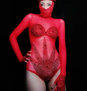 

Women Sexy Red Bodysuit Full Of Sparkling Crystals Costume Nightclub Party Singer Dancer Stage Wear Festival Celebrate Dress DJ